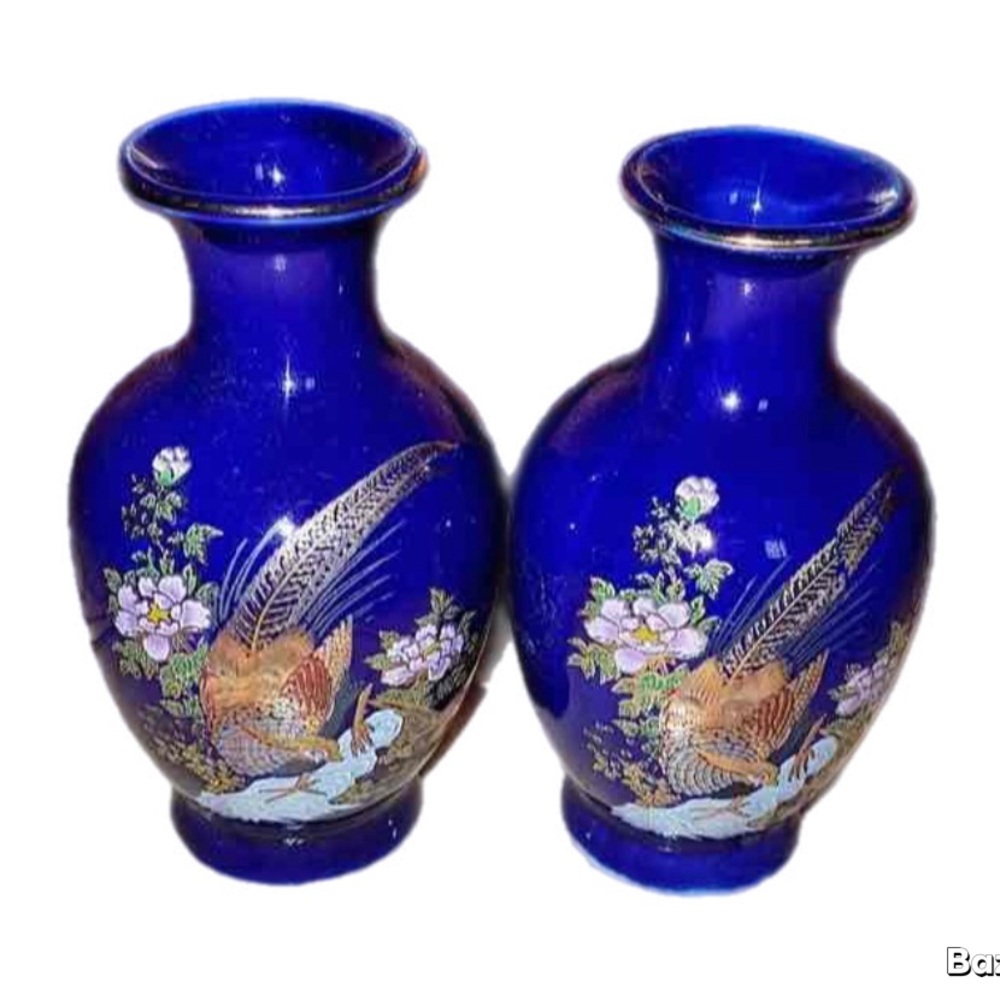 A pair of Vintage Japanese cobalt blue porcelain vases with bird/floral motifs